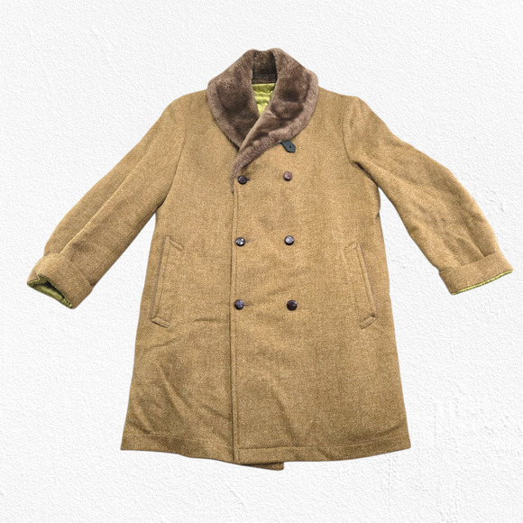 Vintage 50s Mustard Brown Mighty-Mac Fisherman Wool Coat Fur Collar Size 40 USA - Picture 2 of 16
